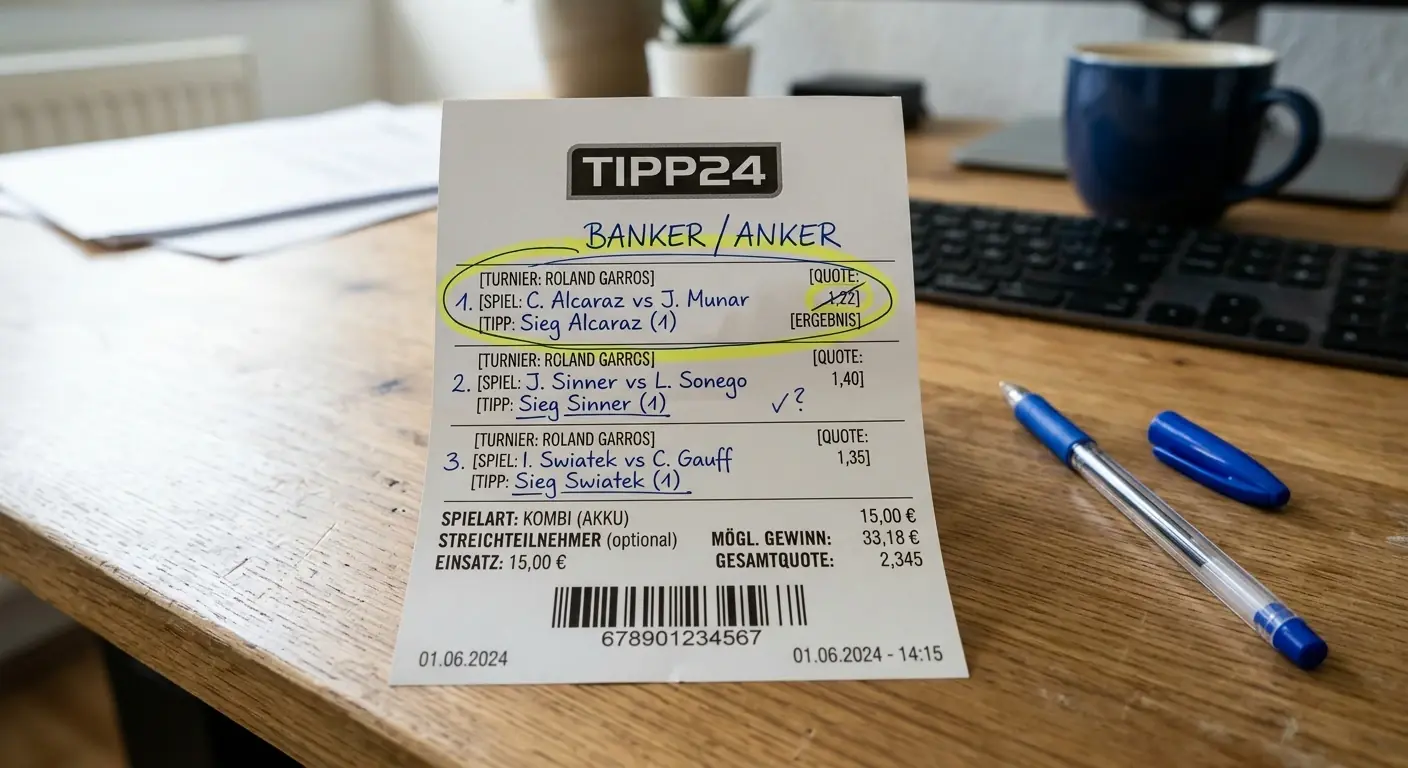 Banker als Anker im Tennis-Kombischein -- hochkonfidente Einzelauswahl die einen Tippschein stabilisiert und das Risiko mehrerer unsicherer Auswahlen verankert