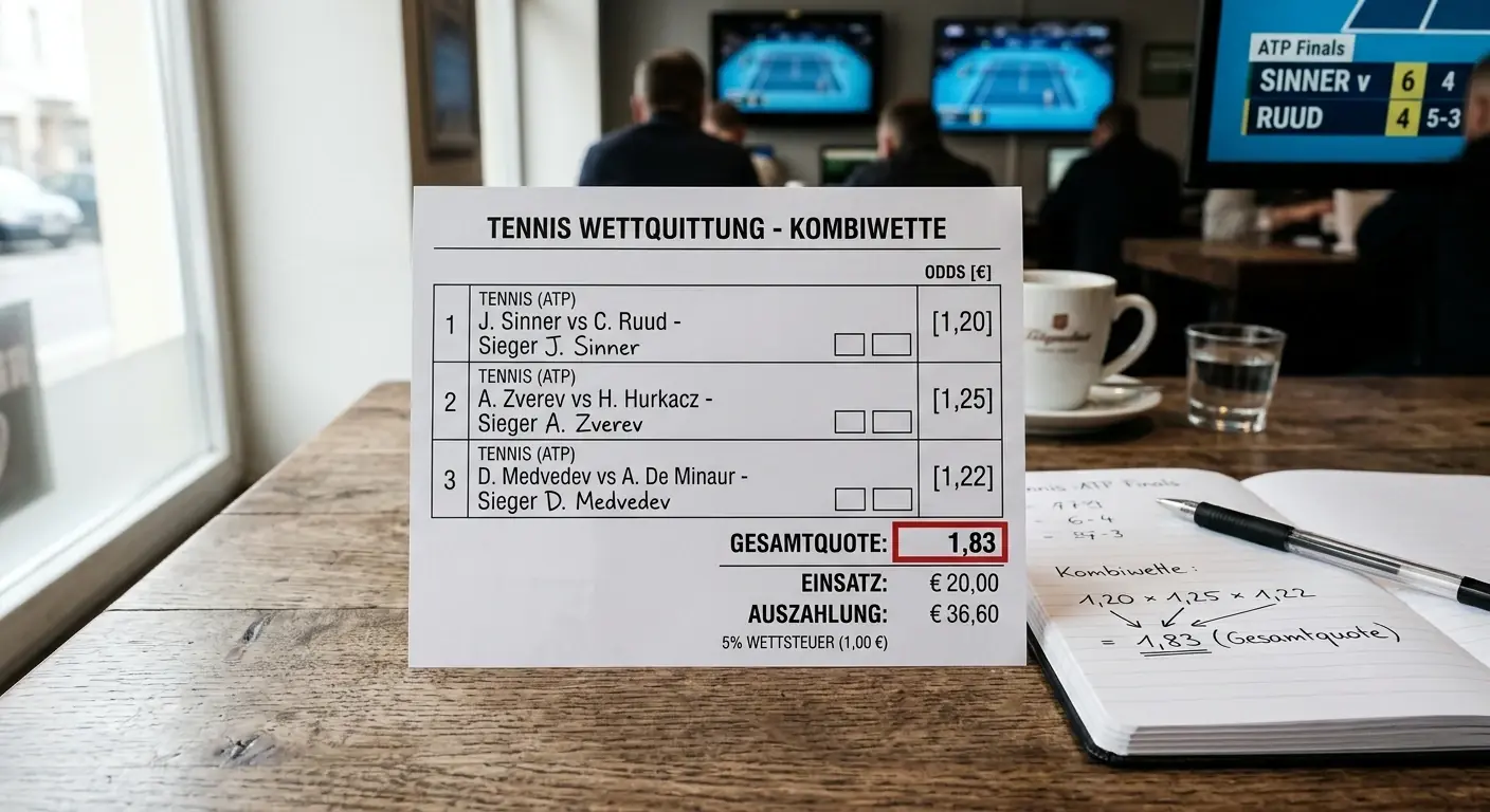 Tennis Kombiwette Grundprinzip -- Tippschein mit drei Auswahlen und multiplizierter Gesamtquote auf dem Wettschein