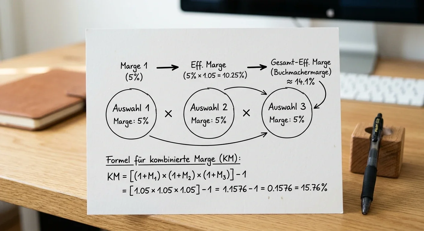Tennis Kombiwetten Quotenmultiplikation und Margenberechnung -- visuelle Darstellung wie sich Buchmachermargen bei Mehrfachwetten potenzieren
